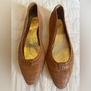 Giorgio Armani Woven Pointed-Toe Flats in Brown with Gold Insole